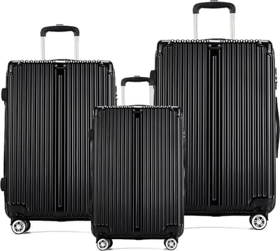 Hard Shell Kofferset – Set van 3 Reiskoffers – Zwart – Handbagage & Ruimbagage – 4 Wielen – ABS Materiaal – TSA Slot – Lichtgewicht – Sterk & Krasbestendig – Trolley – Spinner – Reisbagage – Waterbestendig – Schokbestendig – 360° Draaibare Wielen – 2