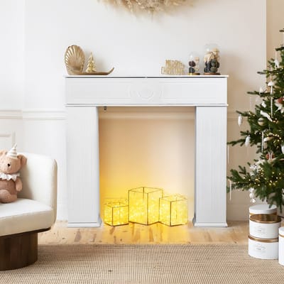 Haardkast Geheime Opbergruimte Schouwmantel - XL Opbergruimte - 107 x 100 cm Decoratieve Houten Haardombouw, Kerstdecoratiekast, Wit