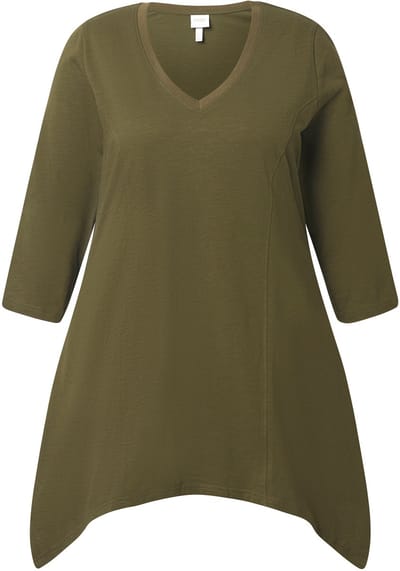 Ulla Popken - Dames - shirt puntzoom V-hals 3/4-mouwen biologisch katoen - Olijf - Maat 42+