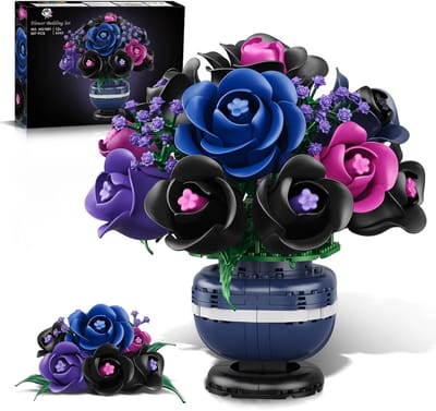 HiWEEGO Zwarte Rozen Bonsai Bouwpakket- 507 Delige Kunstbloemen - Paars & Zwart Gothic Decor - Bouwblokken Spleegoed Volwassenen Kinderen 12+Jaar