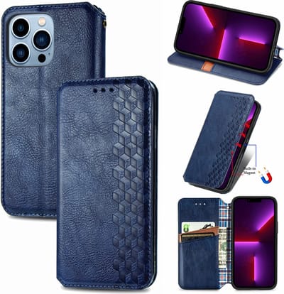 Luxe PU Lederen Ruitpatroon Wallet Case + Screenprotector voor iPhone 13 Pro _ Blauw