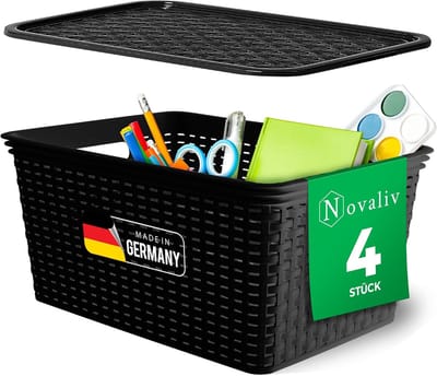 Novaliv set van 4 elegante opbergmanden met deksel in rotanlook | Zwarte voedselveilige kunststof 14L? voor kantoor en thuis. Veelzijdige opbergdozen. Ideale opbergdoos