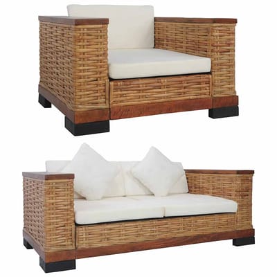 vidaXL - 2-delig - Bankstel - met - kussens - natuurlijk - rattan - bruin