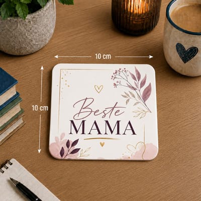 Onderzetter Beste Mama – 10 x 10 cm – Moederdag Cadeau – Vierkante Onderzetter met Roze Bloemen en Gouden Details – Cadeau voor Mama