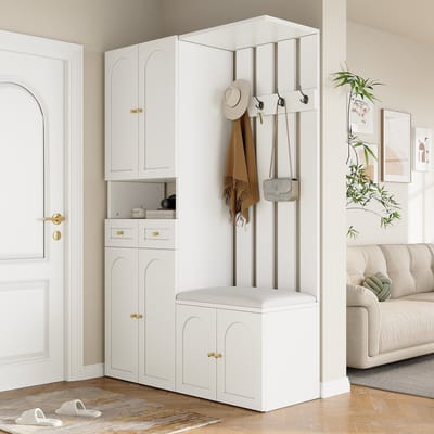 MODENUIT Garderobeset - Schoenenbank, Schoenkast En Kapstok - 6 Deuren, 2 Lades, 4 Haken - Wit - 110x37x180 Cm