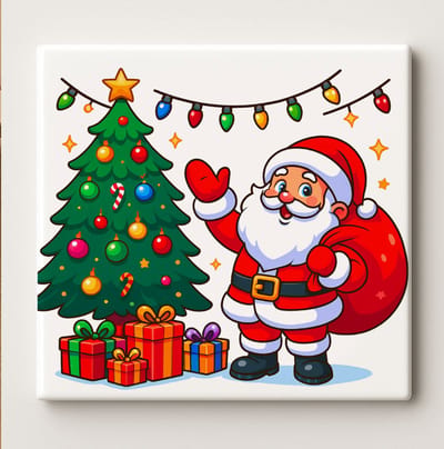 Schattige Kerstman met Kerstboom Decoratieve Tegel 15x15 cm – Feestelijke Illustratie met Cadeaus – Gezellige Kerst Wanddecoratie