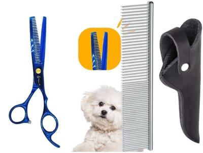 Professor Q – Professionele Effileerschaar – Blauw – Rechtshandig met Luxe Lederen Etui – 16,5 cm – Zwart + Anti-Klit Kam – Pijnloos & Huisdiervriendelijk