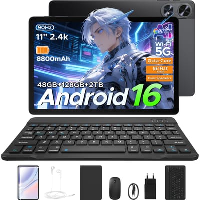 POCKAM P11 Pro - Tablet - 48 GB RAM (8+40 GB) + 128 GB ROM (2 TB/TF) - 11 inch FHD+ 90 Hz - Android 16 - 8800 mAh/18 W - T7250 - Dubbele luidsprekers - Gemini AI - Face ID - Widevine L1 - Complete accessoirebundel met toetsenbord en stylus - Zwart