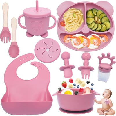 10-delige siliconen baby voedingsset met slabbetje, kommetje, beker en bestek - perfect voor zelf leren eten
