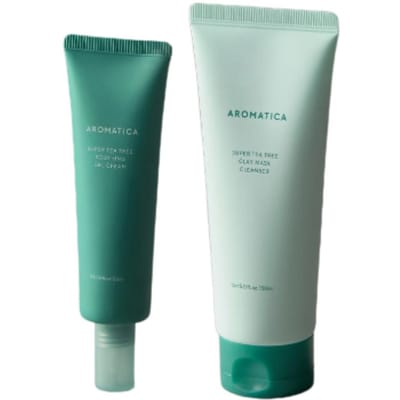 AROMATICA Super Tea Tree Kleimasker & Reiniger 150ml & Gel Crème 50ml 2-Delige Set Porie Diepe Reiniging & Onzuiverheden Verzachtend Duo