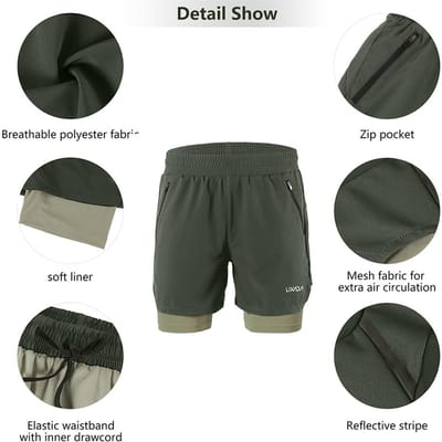 Short de Running 2 en 1 pour Homme Séchage Rapide Respirant Entraînement Actif Exercice Jogging Marathon Short de Cyclisme M vert d’armée