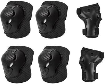Zwarte 6-delige Kinder Sportbeschermset Maat S voor 3 tot 8 jaar (15-35kg), bestaande uit 2 kniebeschermers + 2 elleboogbeschermers + 2 handpalmbeschermers, PE hardkap met dikke schuimvulling voor skeeleren, skateboard en kinderfiets