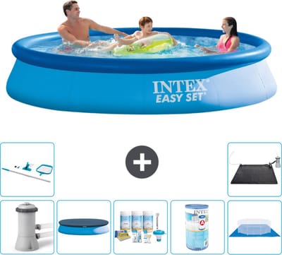 Intex Rond Opblaasbaar Easy Set Zwembad - 366 x 76 cm - Blauw - Inclusief Pomp - Afdekzeil - Onderhoudspakket - Filter - Grondzeil - Schoonmaakset - Solar Mat - 8-delig