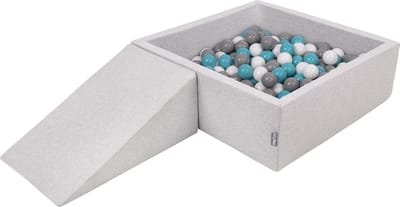 KiddyMoon Ballenbak voor kinderen 90x30cm Vierkant met Wig - 200 Ballen ∅7cm - Foam speelset - Speelgoed baby schuim - Ballenbad baby foam - Kunststof ballen - Schuimvulling - Lichtgrijs: Grijs Wit Turkoois