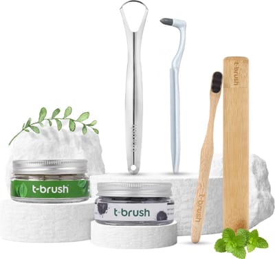 t-brush | Natuurlijke Mondverzorgingsset - Donker Grijs Nano Bamboe Tandenborstel - Bamboe Tandenborstel Koker - Stalen Tongreiniger - Actieve Kool Tandpasta Tabletten (Fluoridevrije) - Muntsmaak Mondspoeltablet (Fluoridevrije) -