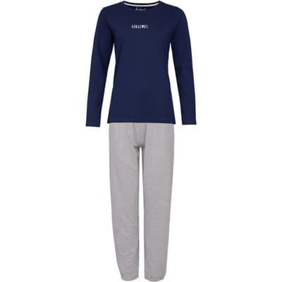 By Louise Dames pyjama set lang katoen donkerblauw / grijs gestipt