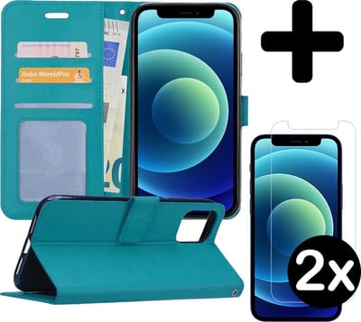 Hoesje - Met 2x Screenprotector - Geschikt voor Apple iPhone 12 - Luxe Pasjeshouder - Flip Case - Bookcase Portemonee - Kunstleer Book Case - Flipcase Hoes - Book Cover - Walletcase - Portemonneehoes - Telefoonhoes - Turquoise