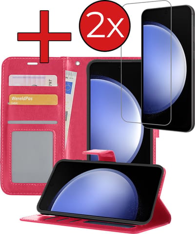 Hoesje - Met 2x Screenprotector - Geschikt voor Samsung Galaxy S23 FE - Luxe Pasjeshouder - Flip Case - Bookcase Portemonee - Kunstleer Book Case - Flipcase Hoes - Book Cover - Walletcase - Portemonneehoes - Telefoonhoes - Donkerroze
