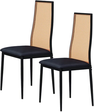 Set van 2 Eetkamerstoelen met Rotan Rug - Zwart Leerlook, Hoge Rugleuning