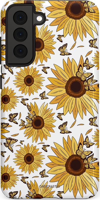 Casetastic Hoesje Geschikt voor Samsung S21 FE - Stijlvolle Beschermende Duo-layer Case - Zonnebloem Zomer met vlinders