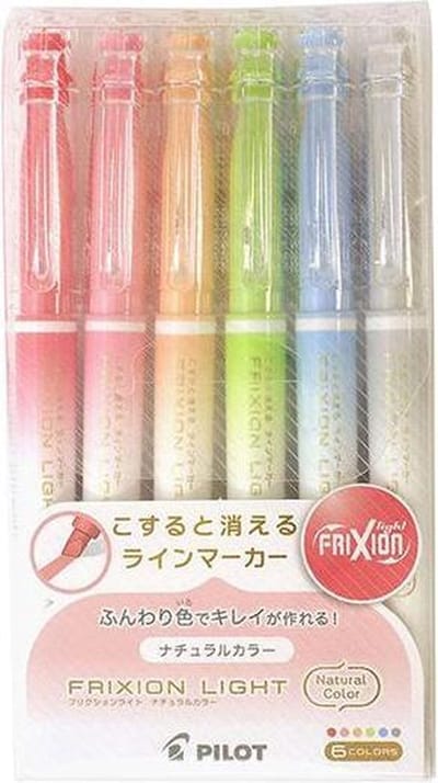 Pilot FriXion Light Natural Colour Uitwisbare Highlighters 6 Colour Set verpakt in een A5 Zipperbag