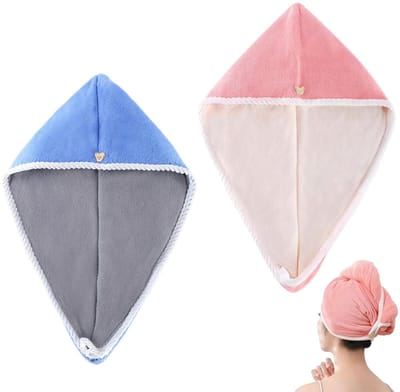 Dailygoods - haartulband microvezel set van 2 – super absorberende en sneldrogende hoofdhanddoek voor dames – koraalfleece haarhanddoek met knoop – roze en grijs – 40 x 65 cm – zachte handdoek voor nat haar