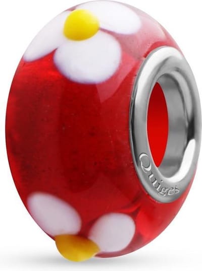 Quiges - Glazen - Kraal - Bedels - Beads Rood met Witte Bloemen Past op alle bekende merken armband NG525