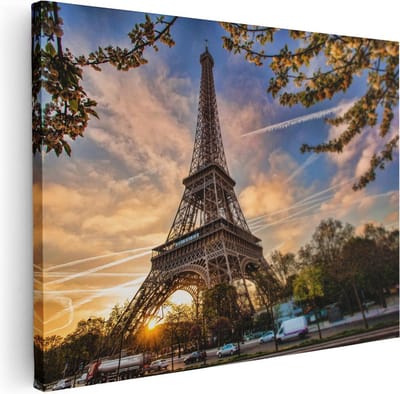 Artaza Canvas Schilderij Eiffeltoren - 80x60 cm - Wanddecoratie Parijs - Muurdecoratie Zonsondergang - Schilderijen Op Canvas Bloesem