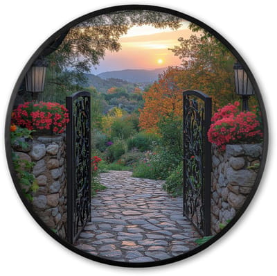 Poster in lijst Rond - Fotolijst 60x60 cm - Posters - Landschap - Hek - Pad - Zonsondergang - Natuur - Ronde posterlijst zwart - Decoratie - Wanddecoratie woonkamer - Muurdecoratie slaapkamer