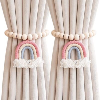 Gordijnstrikken - houten gordijnstrikken - kwastjes gordijngespen - magnetische gordijngespen, regenboog kwastjes gordijnstrikken zonder punch decoratie (roze) 37cm - 2 stuks