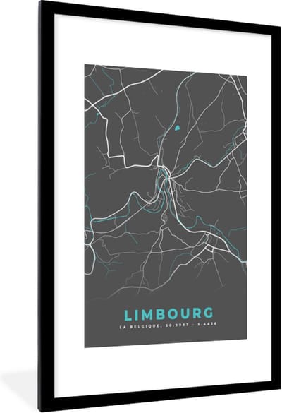 Fotolijst incl. Poster - Plattegrond – Limbourg – Blauw – Stadskaart - Kaart - België - 80x120 cm - Posterlijst