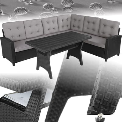 tectake® Wicker zitgroep tuinbank - Loungeset met bank en eettafel - Hoekbank - Buitenlounge - Zithoek - Weerbestendig - Tuin, balkon, wintertuin, terras - Zithoogte 41 cm - Zwart
