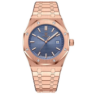 Selevie Horloge AP Royal – Rose goud kleurig met donkerblauwe wijzerplaat - Luxe en comfort - Herenhorloge - Rosegouden schakelband - met horloge box