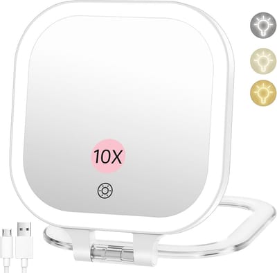 10X vergroting oplaadbare reizen make-up spiegel met 3 kleuren verlichting en traploos dimmen