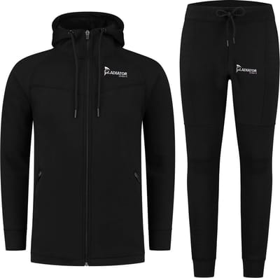 Gladiator Sports Premium Sportpak Heren - Trainingpak Lange Mouw - Joggingpak met Ritsen - Hoodie + Joggingbroek - Zwart - M