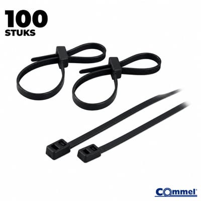 100x Commel Kabelbinders met Dubbele Sluitkop - 200 x 4.8 mm - Zwart - Nylon - Treksterkte 22kg