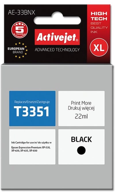 Activejet AE-33BNX inkt (vervanging van Epson 33XL T3351; Supreme; 22 ml; zwart)