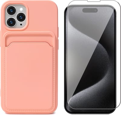 Hoesje Pasjeshouder geschikt voor iPhone 15 Pro - Screenprotector GlassGuard - Siliconen Case Back Cover Roze & Screen Protector