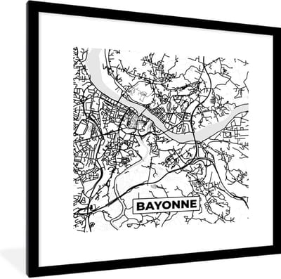 Fotolijst incl. Poster Zwart Wit- Kaart - Plattegrond - Frankrijk - Stadskaart - Bayonne - Zwart wit - 40x40 cm - Posterlijst