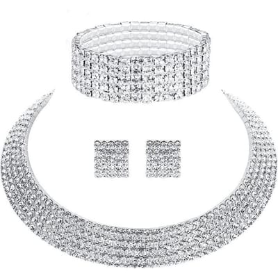 Klassieke Mode Vol Diamant Flits Diamant Vijf Rijen Collier Armband Stud Oorbellen Bruids Driedelige Set zilver