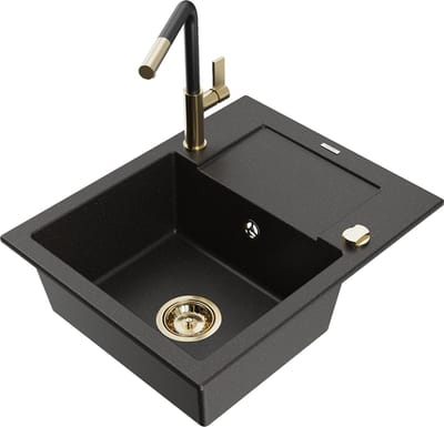 Mexen Enzo granieten gootsteen 1-compartiment met afdruiprek en keukenkraan Flora, zwart/gouden metallic - 6506-75-670401-57-G