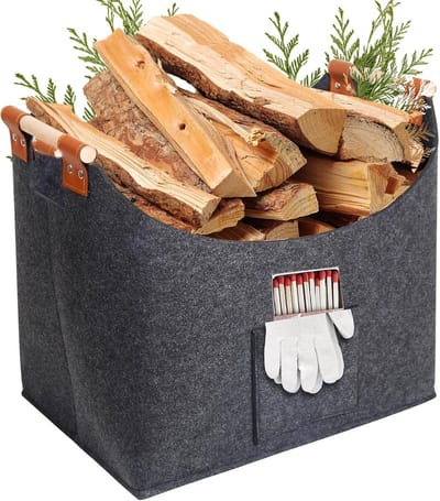Grote Houten Haardhouten Mand van Robuust Vilt met Comfortabele Handgrepen