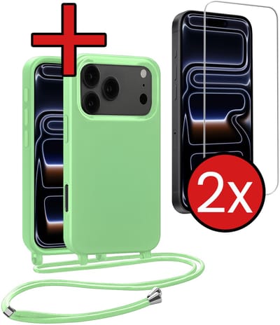 Hoesje Geschikt voor iPhone 17 Pro / 18 Pro Hoesje Siliconen Case Met Koord Met 2x Screenprotector - Hoes Geschikt voor iPhone 17 Pro / 18 Pro Hoesje Backcover Met Telefoonkoord - Groen