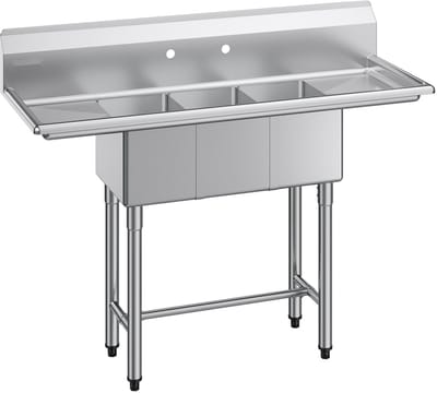 3-vaks keukenspoelbak - Horeca/Foodtruck - Twee Afvoeren - Spatwand - RVS - Afmetingen 137 x 51 x 110 cm - Zilver