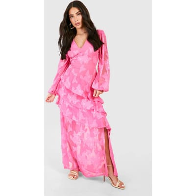 boohoo Dames Petite Burnout Bloemenprint Ruches Detail Maxi Jurk | Pink | Maat: 6