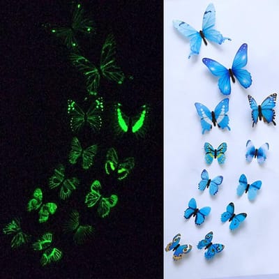 12 stuks/set lichtgevende vlinder muurstickers woonkamer vlinders voor bruiloft feest decoratie thuis 3D koelkast stickers behang blauw