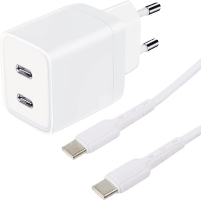 USB C Adapter - Snellader Geschikt voor Samsung Telefoon en Tablet - USB C naar USB C Kabel - 1 Meter - Oplaadkabel - PVC Materiaal - GaN Oplader - Dubbele USB C Poorten - 45W Vermogen - Incl. USB C Kabel - Stekkerblok - Wit
