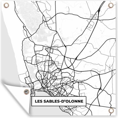 Tuin poster Frankrijk - Kaart - Les Sables-D'olonne - Plattegrond - Stadskaart - Zwart wit - 200x200 cm - Tuindoek