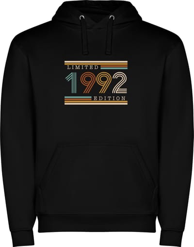 Zwarte unisex hoodie met “ Kleurrijke Limited Edition 1992 – Verjaardag – Leeftijd – Humor “ Print Full Color Color merk Roly maat S