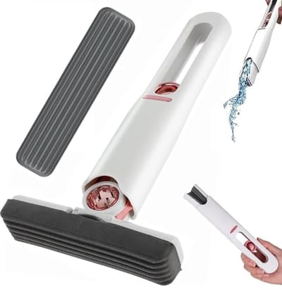 SnelShoppen - Mini Mop voor Bureau Schoonmaak, Inclusief Twee Vervangbare Sponskoppen, Kleine Spons Mop met Uitwringfunctie, Ideaal voor Keuken, Tafel